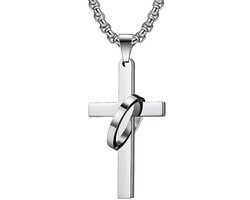 Ketting met Kruisje en Ring Hanger - Staal - Zilver Kleurig - Kettingen Heren Dames - Kruis - Kerstcadeaus - Kerst Cadeautjes voor Hem