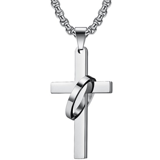 Ketting met Kruisje en Ring Hanger - Staal - Zilver Kleurig - Kettingen Heren Dames - Kruis - Kerstcadeaus - Kerst Cadeautjes voor Hem