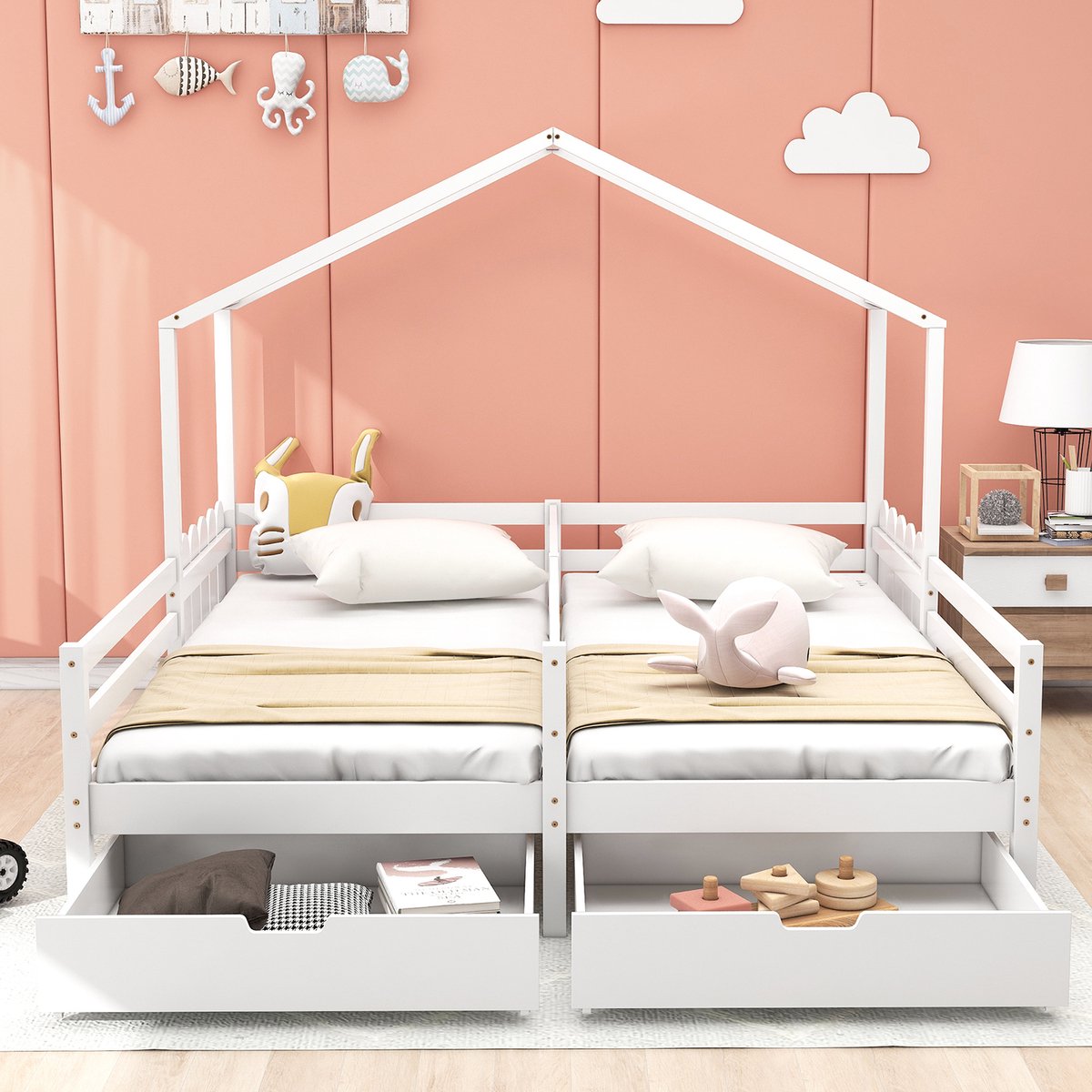 KOMHTOM Kinderbed Kajuitbed 200x90 cm voor huishoudelijk gebruik 2 laden met wielen Wit houten lattenbodem