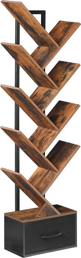 Boekenkast in boomvorm met 8 open niveaus en een lade aan de onderkant, met een donkerbruine houtnerf en zwart metalen frame.