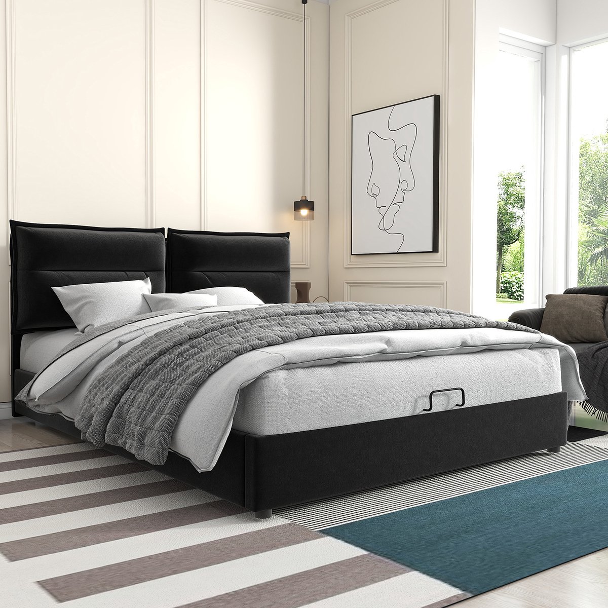 KOMHTOM Tweepersoonsbed 140x200cm met verstelbaar hoofdeinde Modern fluwelen bedframe met grote opbergruimte zwart