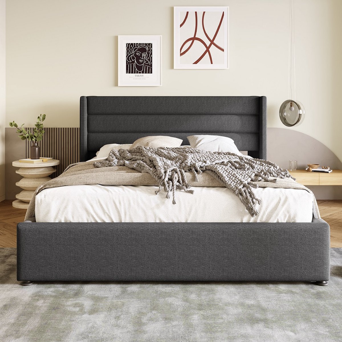 KOMHTOM Tweepersoonsbed Bed 140x200 cm Commode bed Opbergbed Bedframe Gestoffeerd Houten lattenbodem in Linnen Grijs
