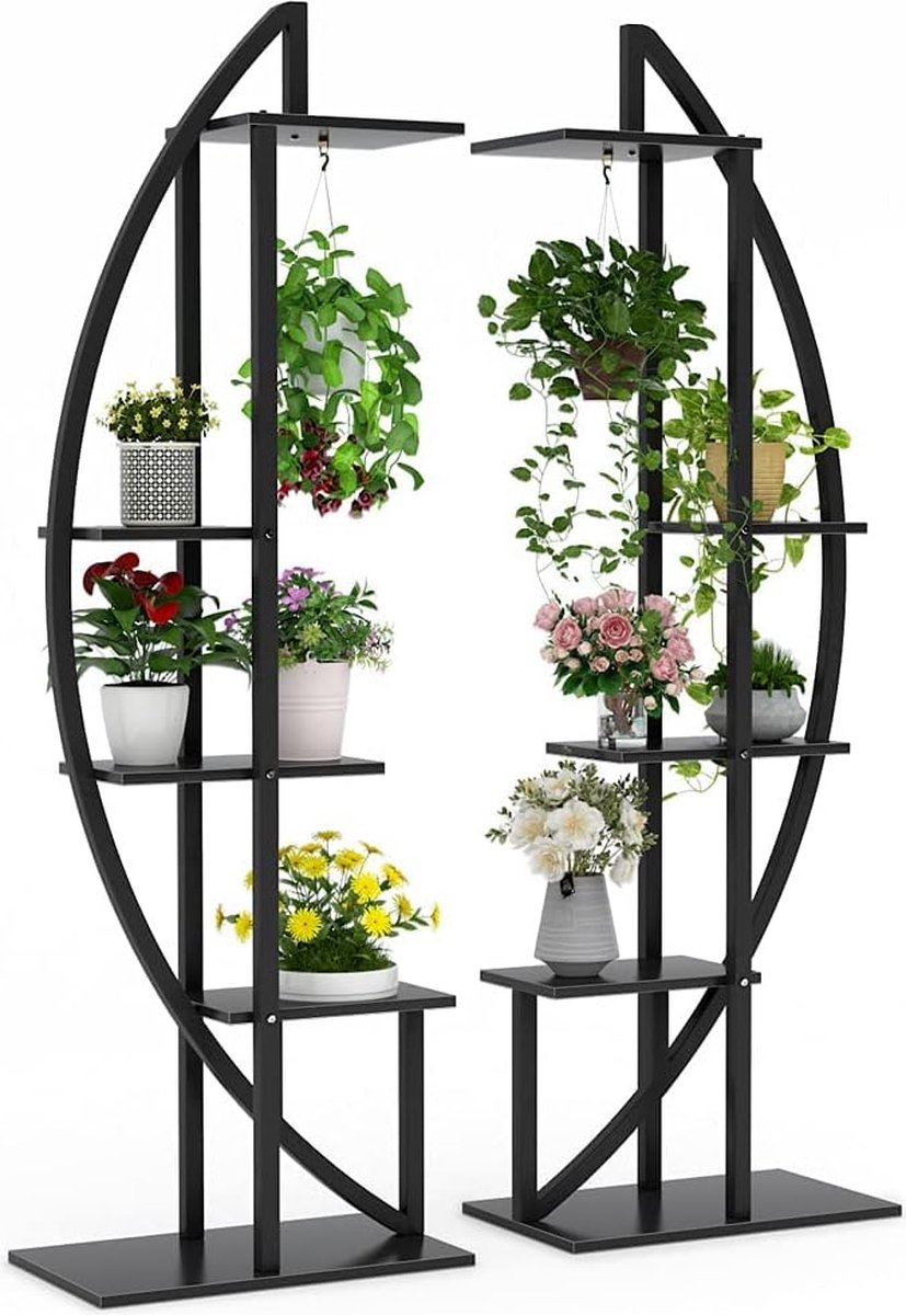 Tribesigns Bloemenstandaard - 2 stuks Plantenplanken met 5 niveaus en 2 haken - 160 cm Hoge Plantenstandaard Metalen Bloemenplank voor Binnen - Mat Zwart