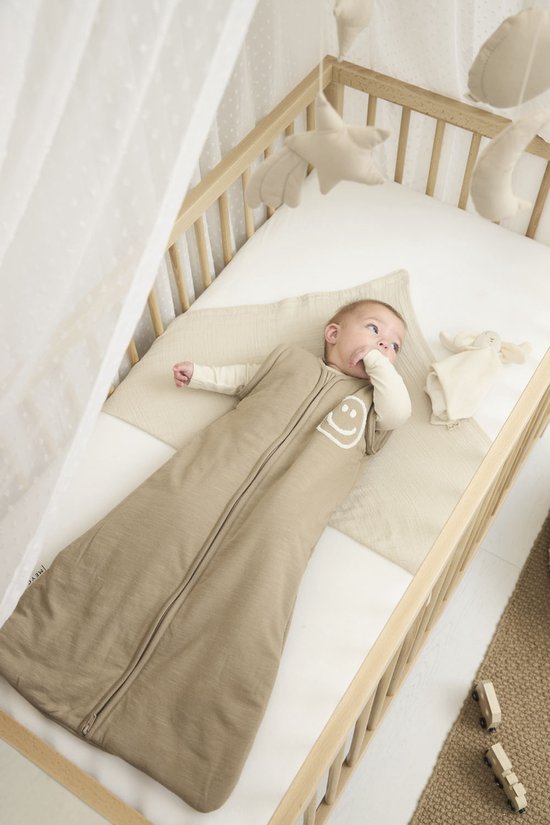Meyco Baby Slub met Smile applicatie baby slaapzak met afritsbare mouwen - taupe/offwhite - 90cm van Meyco — afbeelding 5