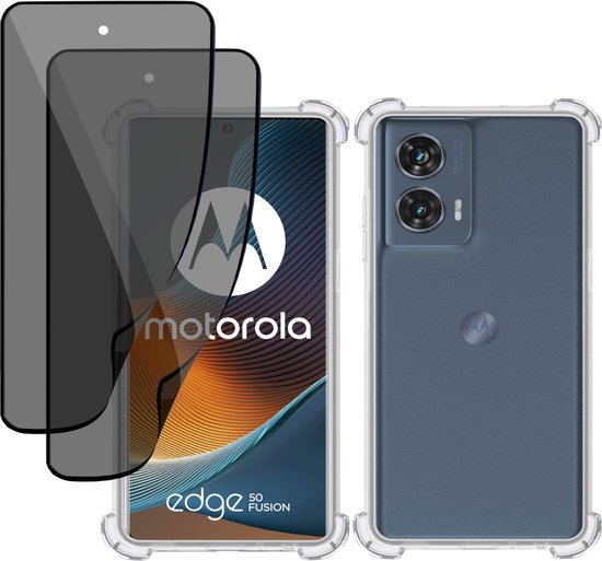 Motorola Edge 50 Fusion avec coque transparente et protecteurs d'écran de confidentialité. Montre l'avant et l'arrière du téléphone.
