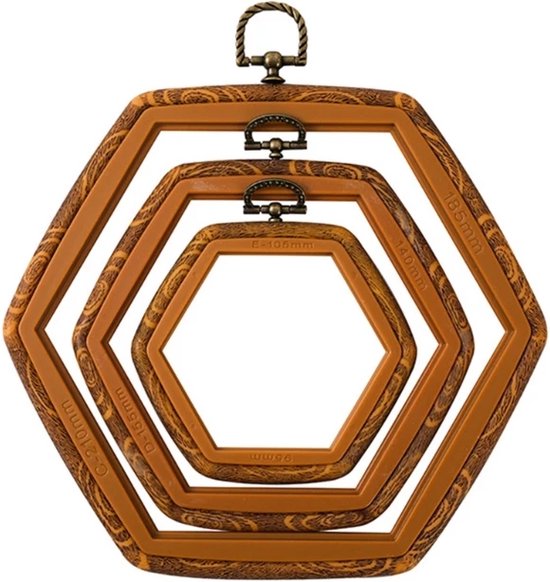 Borduurring | Houten Look Borduurringen Set - 3 Stuks | Borduren | Kunststof | zeshoekige vorm | Duurzaam & Stevig | Ideaal voor Borduurwerk | Borduurset