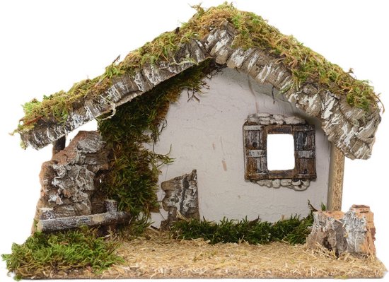 Euromarchi lege kerststal - zonder figuren - L32 x B18 x H24 cm - hout/mos