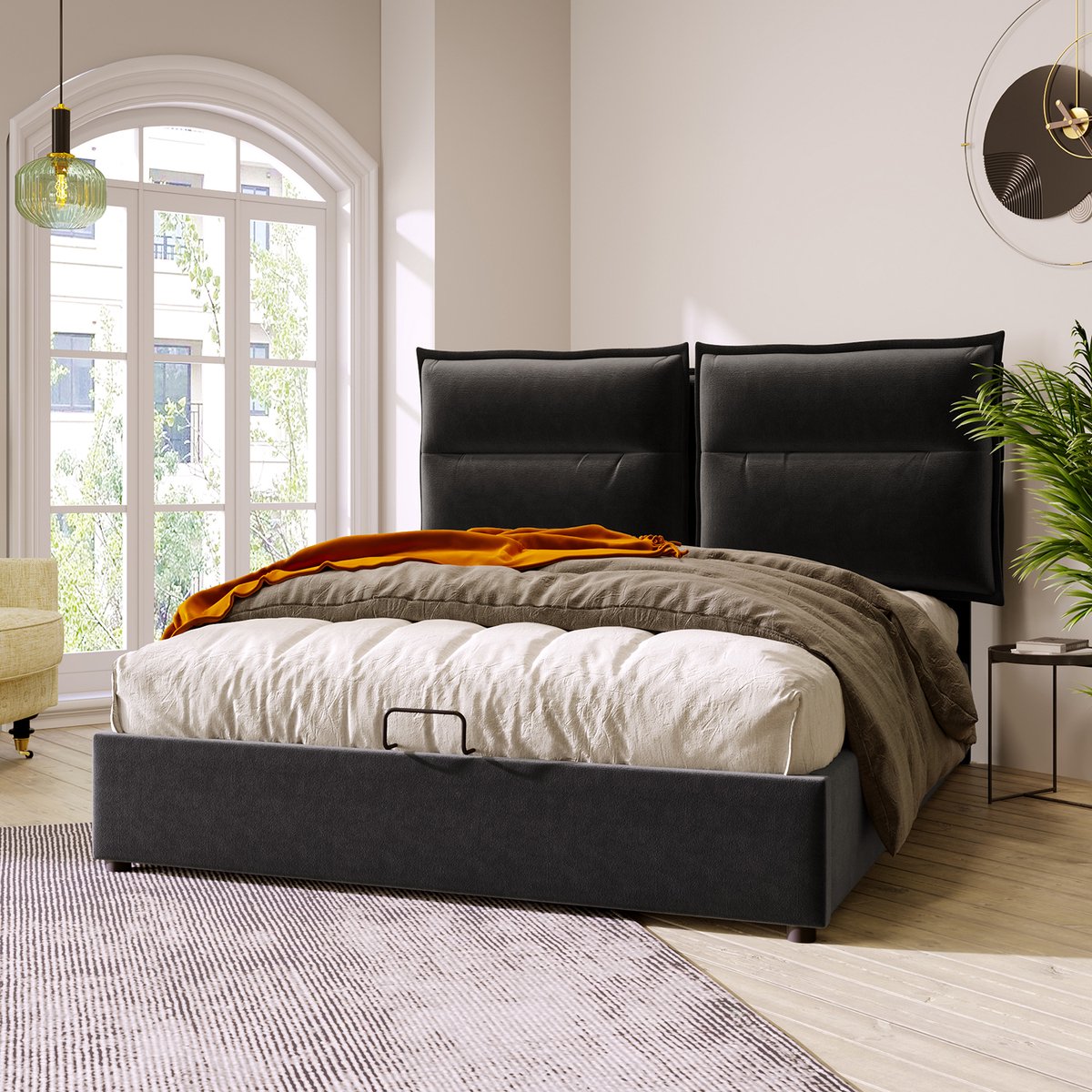 KOMHTOM Bed Tweepersoonsbed 140x200 cm met verstelbaar hoofdeinde met grote opbergruimte zwart met matras
