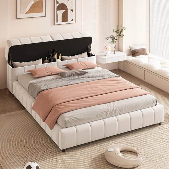 Foto: Sweiko gestoffeerd bed 140x200cm open en dicht hoofdeinde hoofdeinde met opbergruimte comfortabele lounge stoel hoofdeinde met vlak noedelsframe tweepersoonsbed plat bed fluwelen stof beige