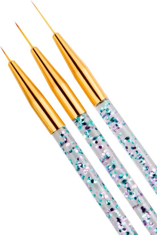 Drie nail art penselen met glitter handvatten en gouden uiteinden. Fijne puntjes voor detailwerk.