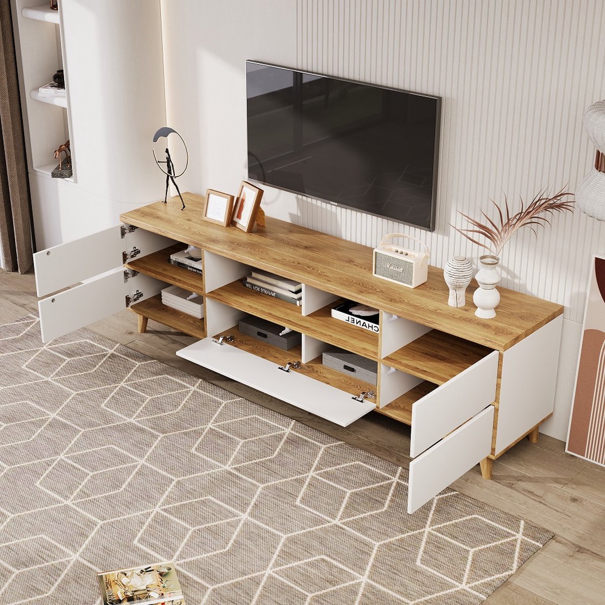 Meuble TV Blanc Avec 3 Tiroirs Et étagères Ouvertes - 190 X 40 X 42 Cm - Panneaux De Particules - Design Moderne Pour Salon - 12