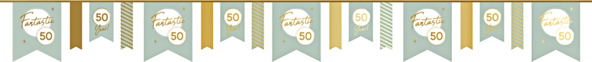 50 Jaar versiering - 50 jaar slinger vlaggenlijn ‘Fantastic 50’ Goud & Groen - 4 Meter