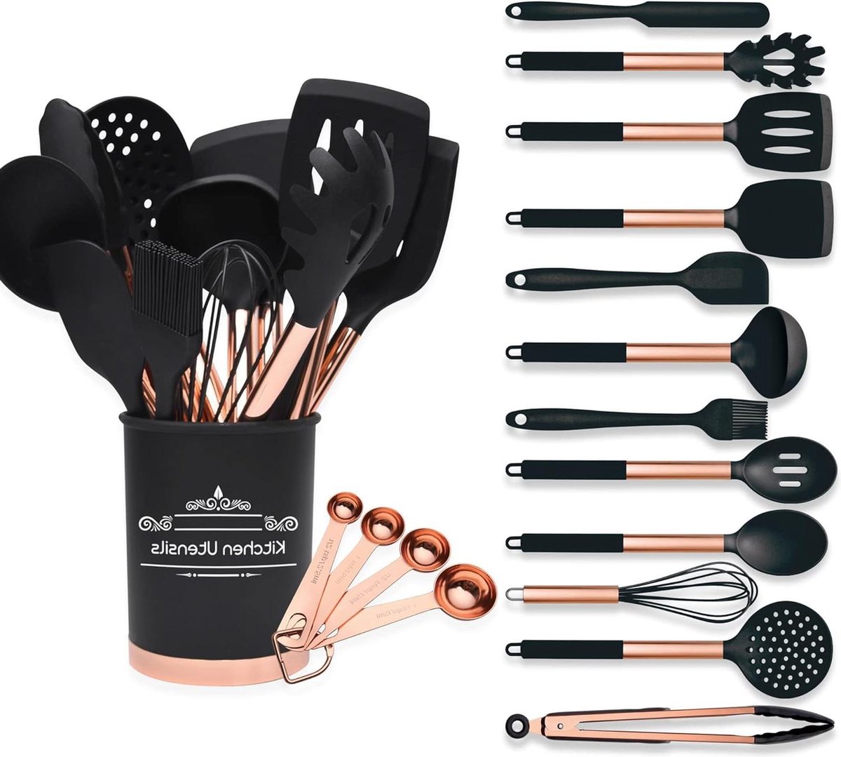 17-delige roségouden siliconen keukengerei set met houder hittebestendig & antiaanbaklaag keukengereiset voor het koken