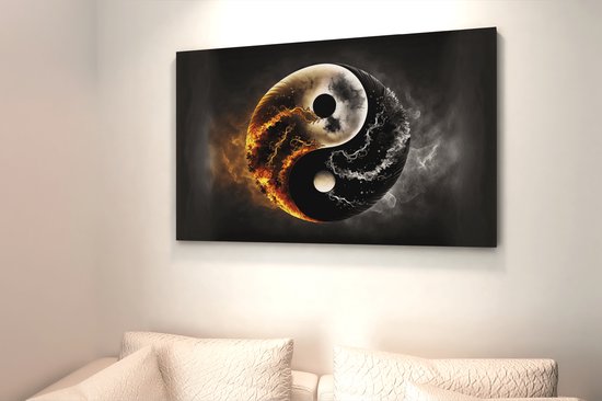 Canvas Schilderij - Yin en Yang - Zwart - Wit - Abstract - 120x80x2 cm