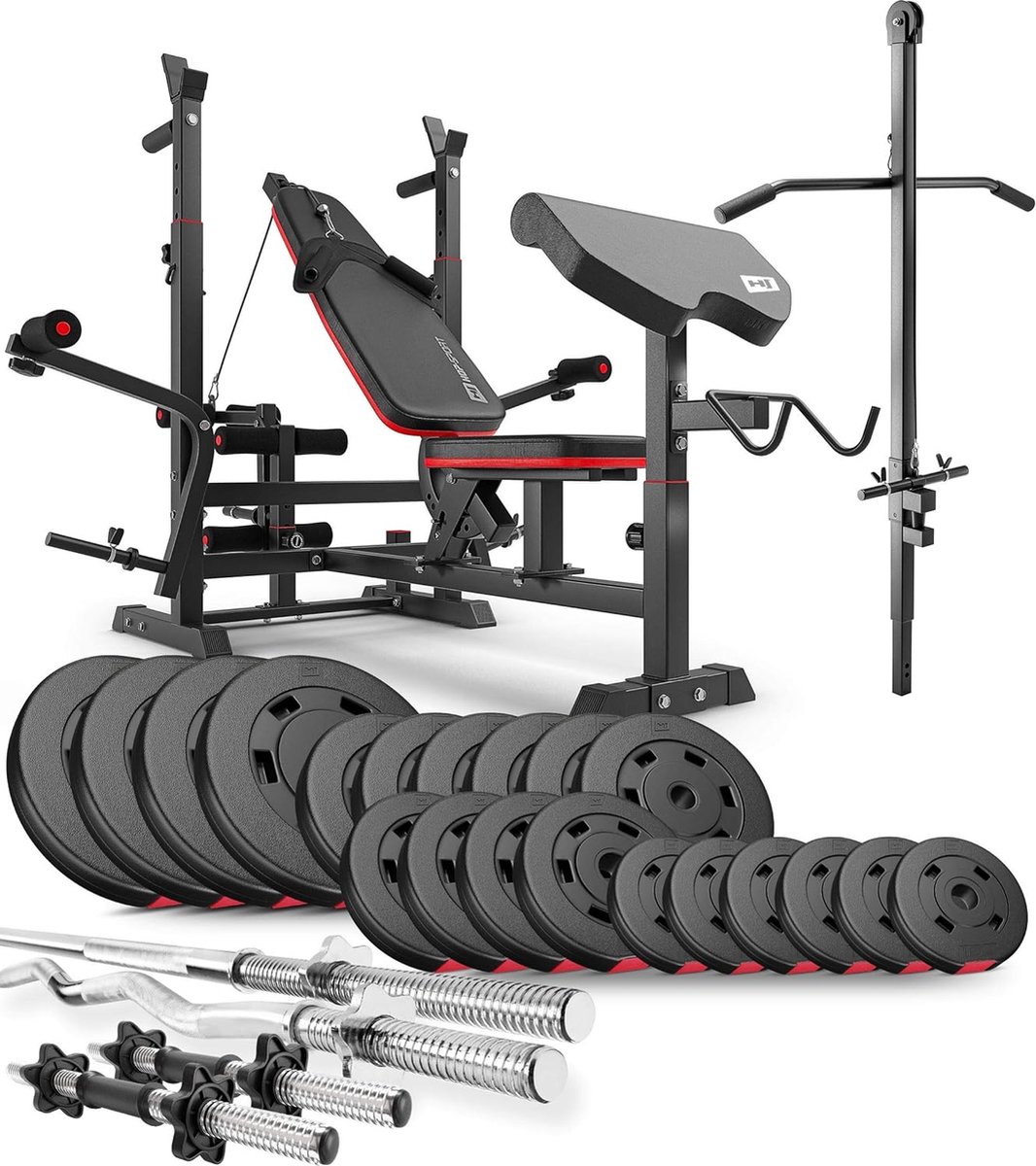 Hop-Sport Verstelbare Halterbank en Krachtstation HS-1075 met Lange Halterstang, Curl- en Korte Halters, Gewichten van 75 kg tot 173 kg, Inclusief Lat Pulldown Station en Optrekstang (105 kg)