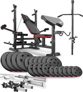 Hop-Sport Verstelbare Halterbank en Krachtstation HS-1075 met Lange Halterstang, Curl- en Korte Halters, Gewichten van 75 kg tot 173 kg, Inclusief Lat Pulldown Station en Optrekstang (105 kg)