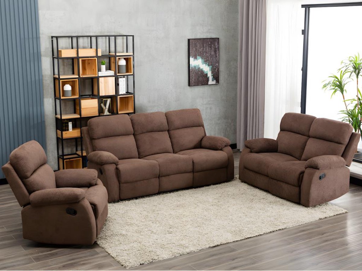 Vente-unique Relaxzitbank 3 + 2 plaatsen en fauteuil van stof met handmatig mechanisme TOLZANO - Donkerbruin