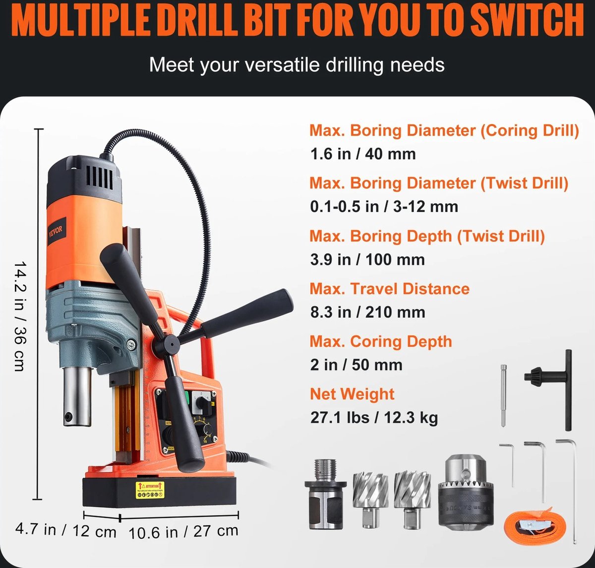 Wildor® Elektrische Boormachine - Magnetische Boorpers - 1 Seconde Ontgrendelingsboor - 1300W - Boormachines - Verplaatsbare Boor - Diameter Boor 40mm - Max boordiepte 100mm (twistboor) - 2 Drill/Bitjes