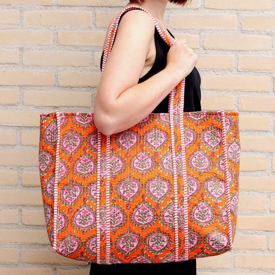 Foto: Grote schoudertas met print barok oranje katoenen schoudertas met print strandtas boodschappentas studio ivana