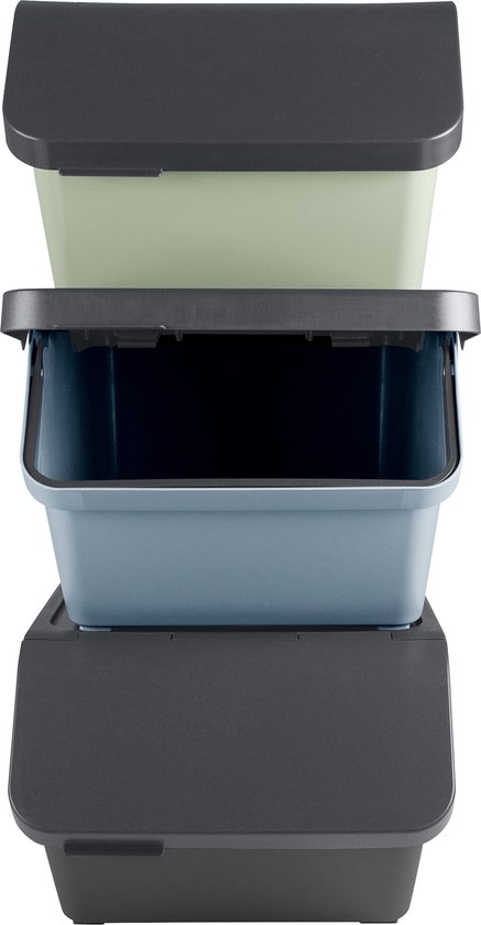 Sunware - Sigma home Sorteer Unit - Set van 3 - 45L - Met deksel - Antraciet Blauw Groen - GRATIS stickervel