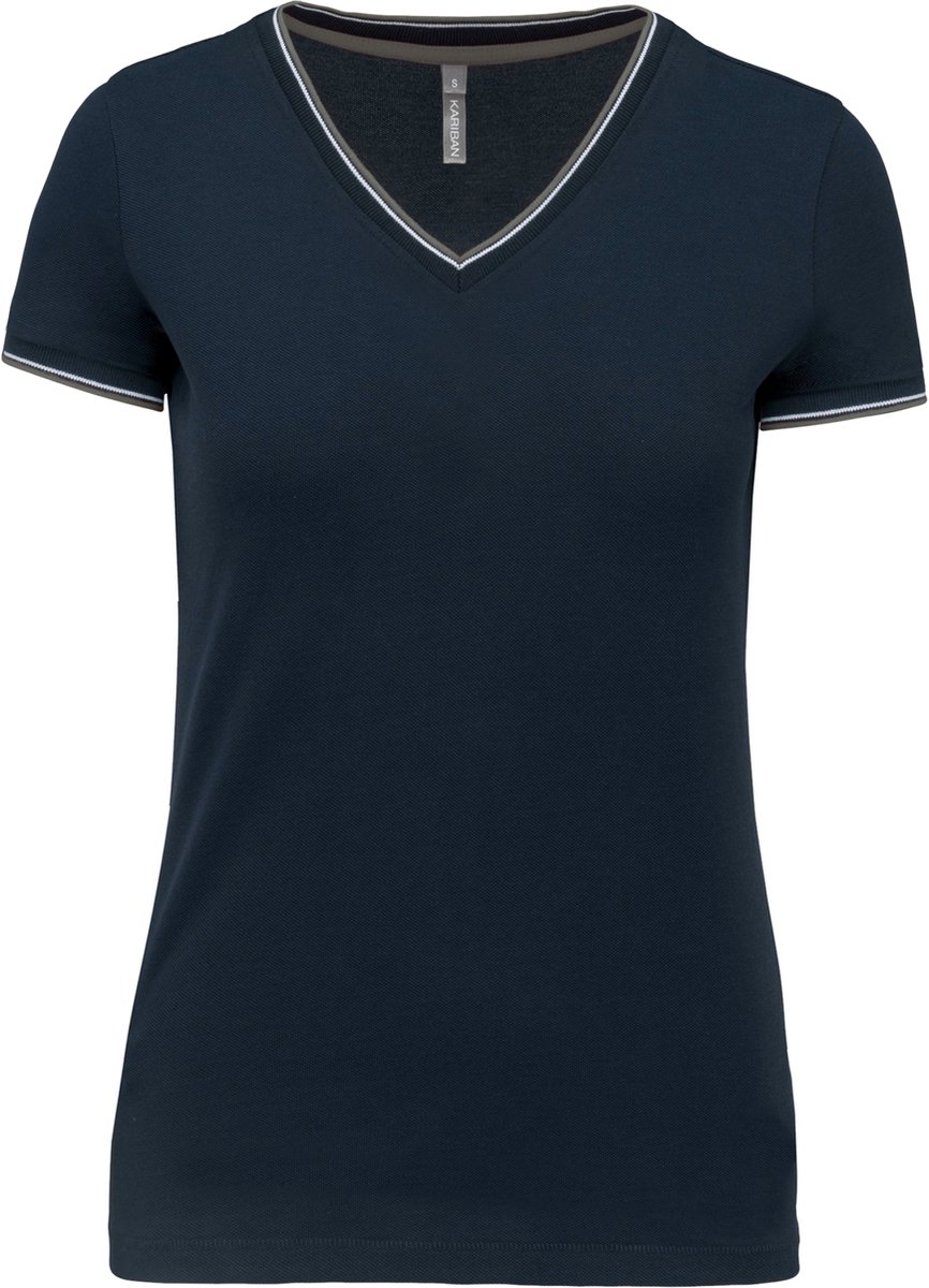 Kariban Dames-t-shirt piqué V-hals K394 - Navy / Light Grey / White - XL