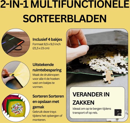 Handen sorteren puzzelstukjes in 4 gekleurde bakjes: geel, groen, rood, paars.