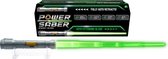 Un Power Saber gris avec une lame vert clair extensible, exposé sur un support.