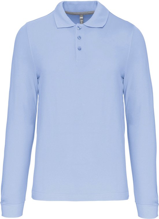Lichtblauwe polo met lange mouwen, knoopsluiting, voorzijde.