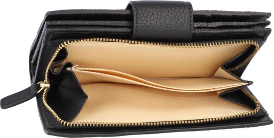 Portefeuille noir ouvert avec fermeture éclair dorée et doublure de couleur claire.