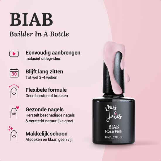 BIAB Builder In A Bottle gel in 'Rose Pink' op een flesje. Voor eenvoudig aanbrengen en langdurige nagels.