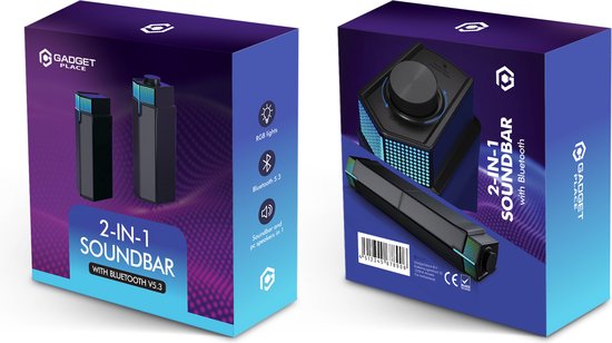 Twee verpakkingen van de 2-in-1 soundbar met Bluetooth 5.3. Eén toont de voorkant met productafbeeldingen en specificaties, de andere de zijkant met barcode.