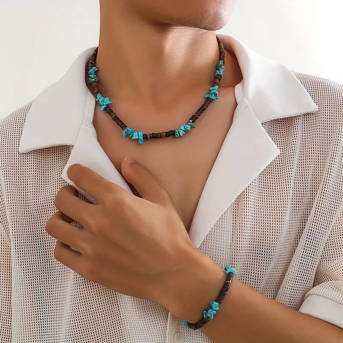 Helin life Klassieke ketting heren - Kettingen &armband set-Kralen kettingen set-Armband heren set- Schakelketting &armbanden- Kralenketting- Cadeau voor Man -Natuursteen turkoois&Houten kralen- 45+7cm-Mannen Cadeautjes
