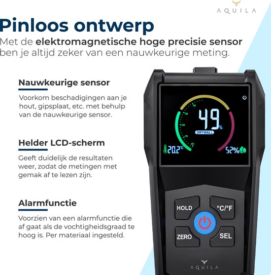 Aquila Vochtmeter voor Hout & Muren - Hygrometer Binnen Digitaal - Vochtmeters Haardhout en Pleisterwerken - Pinloze Houtvochtmeter - Vochtigheidsmeter - Incl Opbergtasje en Batterijen