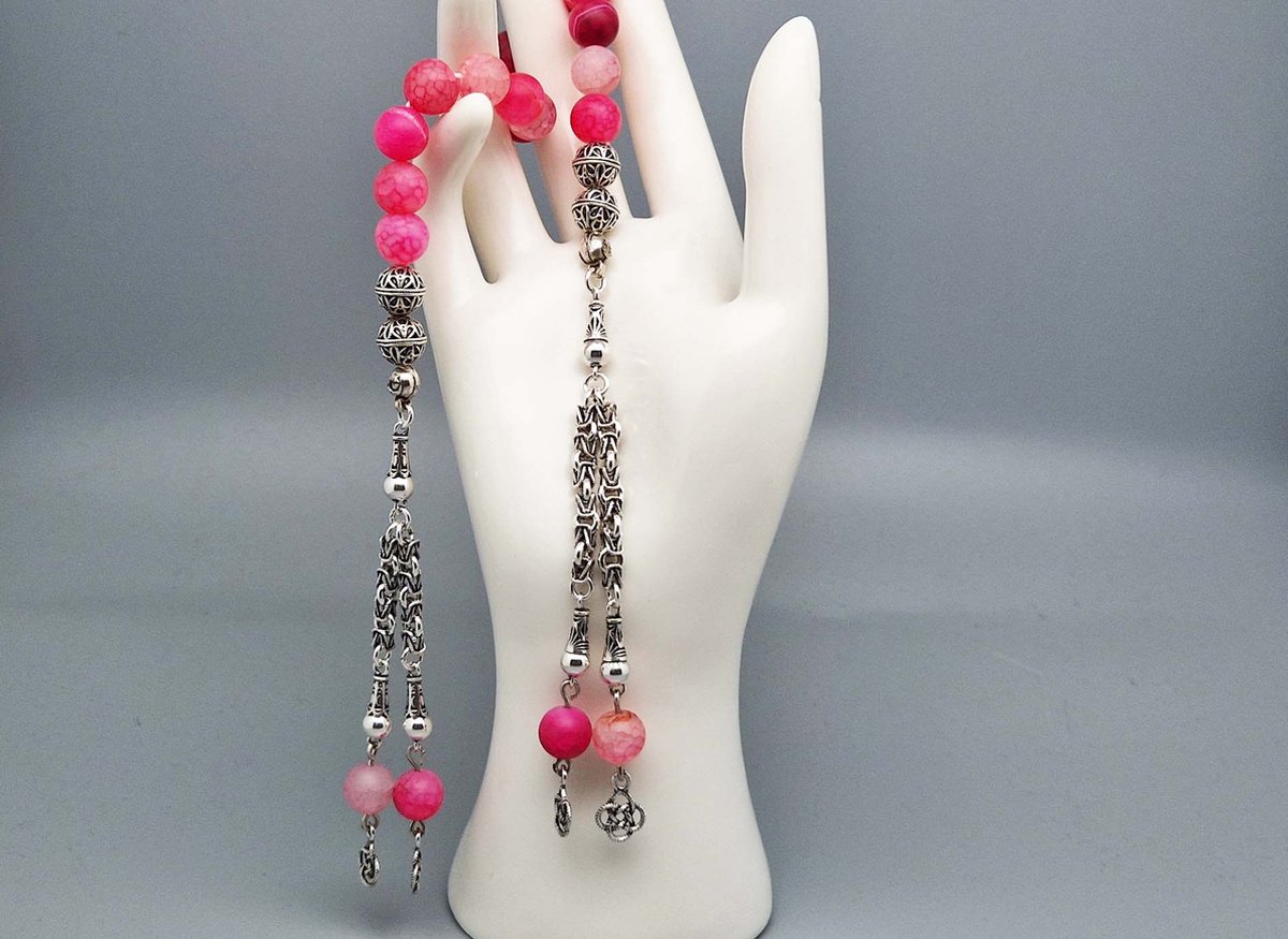 Handgemaakte tasbih gemaakt natuursteen Banded Agaat Magenta roze en 925 zilver Tassel Dubbel Aantal kralen 21 Diameter kralen 8 MM