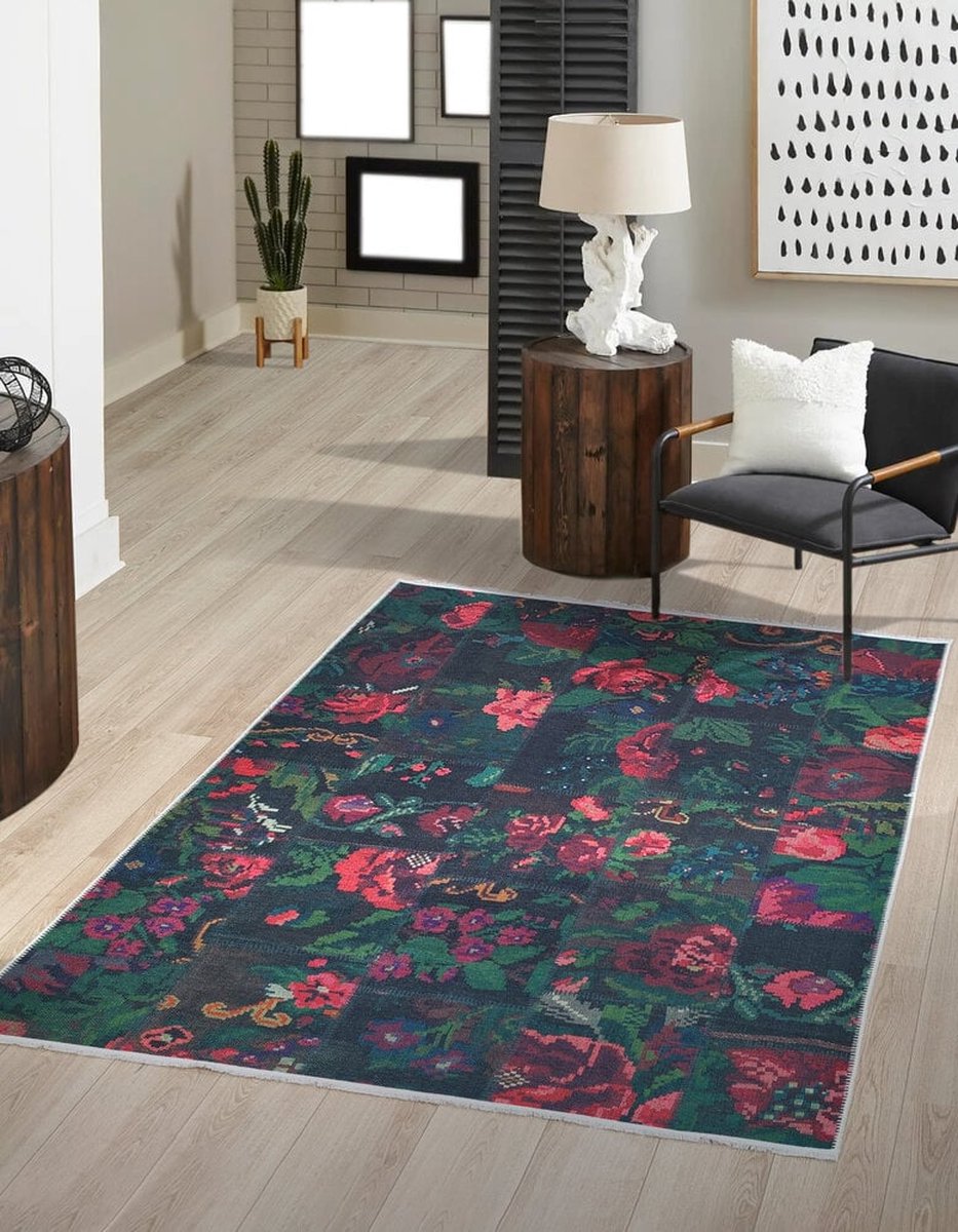 flycarpets Adrasos Patchwork Vloerkleed - 160x230cm - Gebloemd - Zwart
