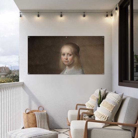 Décoration murale à l'extérieur d'une fille en bleu - Peinture de Johannes Cornelisz. Verspronck - 160x80 cm - Toile de jardin