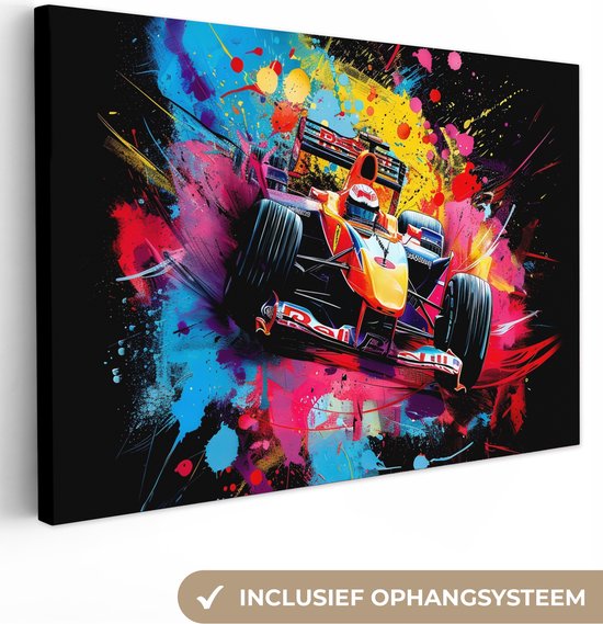 Canvas schilderij 90x60 cm - Wanddecoratie Graffiti - Sport - Auto - Formule 1 - Autosport - Muurdecoratie woonkamer - Slaapkamer decoratie - Kamer accessoires - Schilderijen