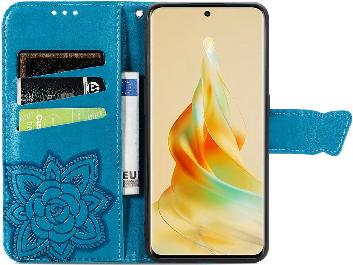 Mobigear Telefoonhoesje geschikt voor OPPO Reno 8T 5G Hoesje | Mobigear Butterfly Bookcase Portemonnee | Pasjeshouder voor 3 Pasjes | Telefoonhoesje voor Pinpas / OV Kaart / Rijbewijs - Blauw