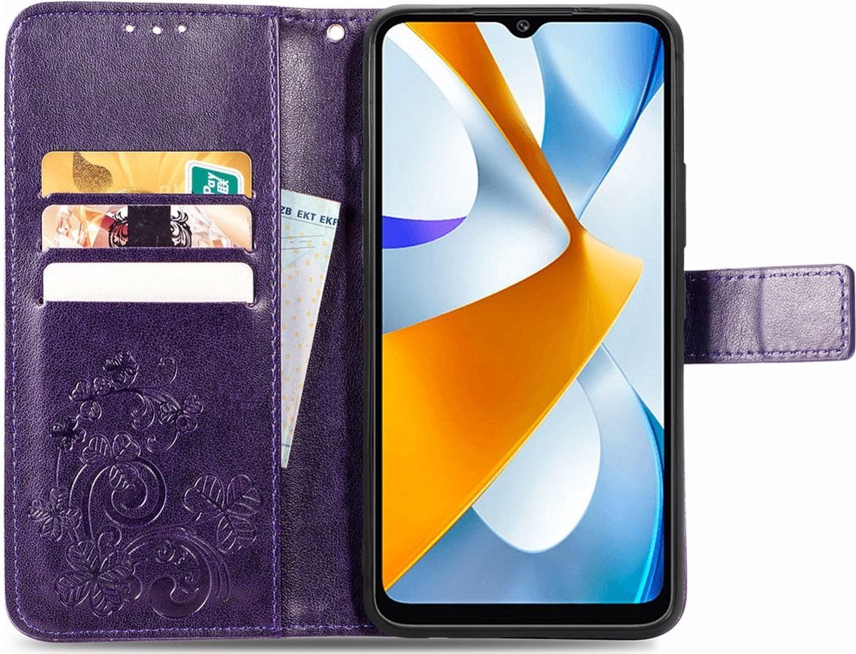 Mobigear Telefoonhoesje geschikt voor POCO C40 Hoesje | Mobigear Clover Bookcase Portemonnee | Pasjeshouder voor 3 Pasjes | Telefoonhoesje voor Pinpas / OV Kaart / Rijbewijs - Paars