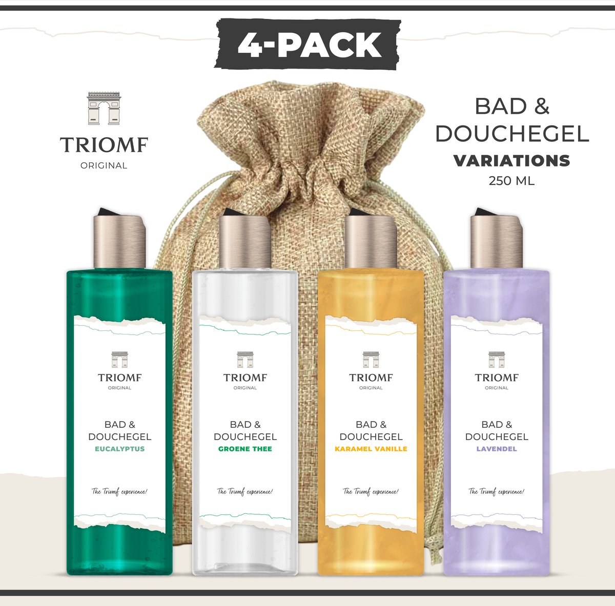 Goedkoopste Triomf Original - Bad & Douchegel Deluxe - 250 ML - 4-Pack - Eucalyptus - Groene Thee - Karamel Vanille - Lavendel - Giftset Showergel Variations - 4 x Douche Gel - Gift voor hem en haar - Cadeau Set Badkamer - Wellness Cadeaupakket - Sauna Badkamer