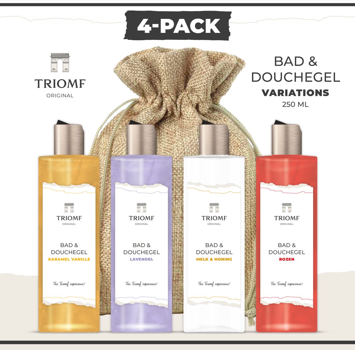 Goedkoopste Triomf Original - Bad & Douchegel Deluxe - 250 ML - 4-Pack - Karamel Vanille - Lavendel - Melk & Honing - Rozen - Giftset Showergel Variations - 4 x Douche Gel - Gift voor hem en haar - Cadeau Set- Badkamer Sauna - Wellness Cadeaupakket Nieuw huis