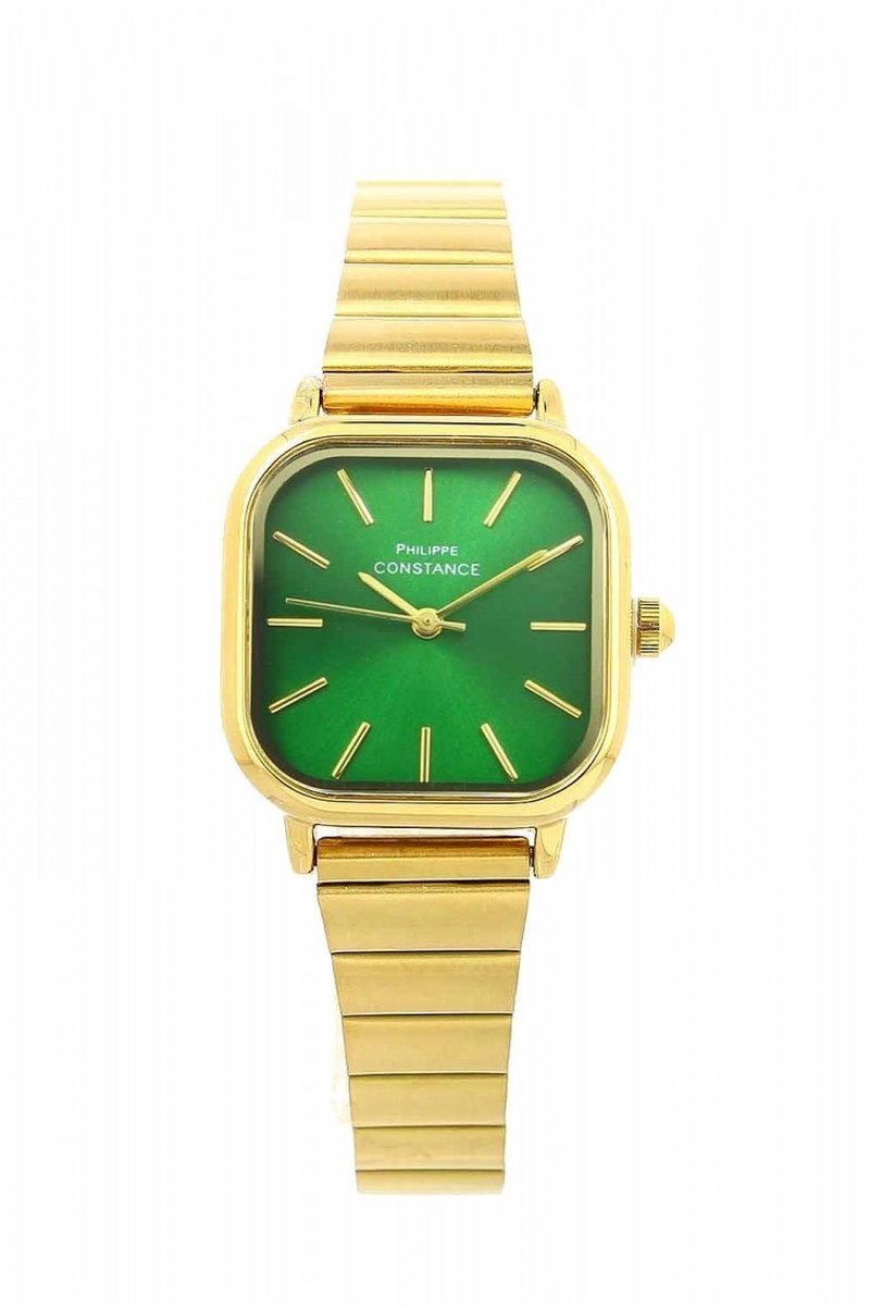 Horloge Square Rounding Goud Smaragd - Philippe Constance - Inclusief Batterij - Volledig RVS - Dames - Nikkelvrij