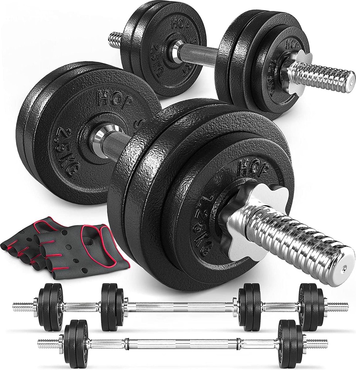 Hop-Sport Verstelbare Halterset met 2 Korte Halterstangen en Verbindingsbuis, Gekartelde Handgrepen, Gietijzeren Gewichtsschijven (2x15 kg), Stersluitingen, Barbell, Gewichtheffen, 30 kg