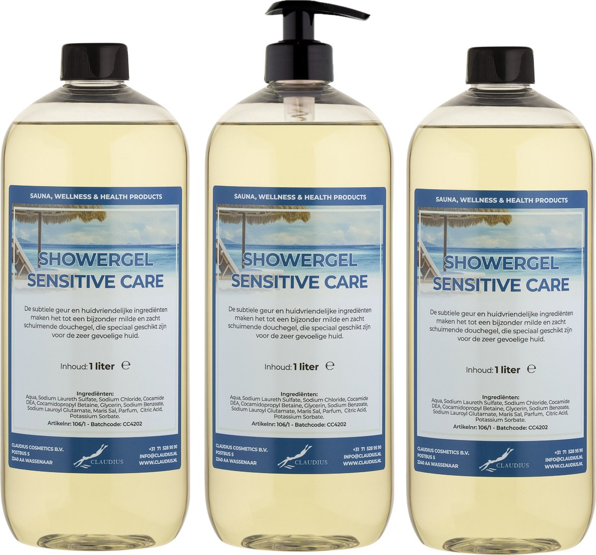 Goedkoopste Douchegel Sensitive Care 1 liter - set van 3 stuks - met gratis pomp - Showergel