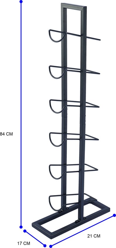 Afmetingen van zwart wijnrek: 84 cm hoog, 21 cm lang, 17 cm breed.