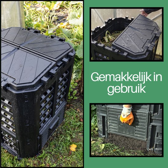 Collage: Zwarte compostbak met een open deksel, iemand die het deurtje opent.