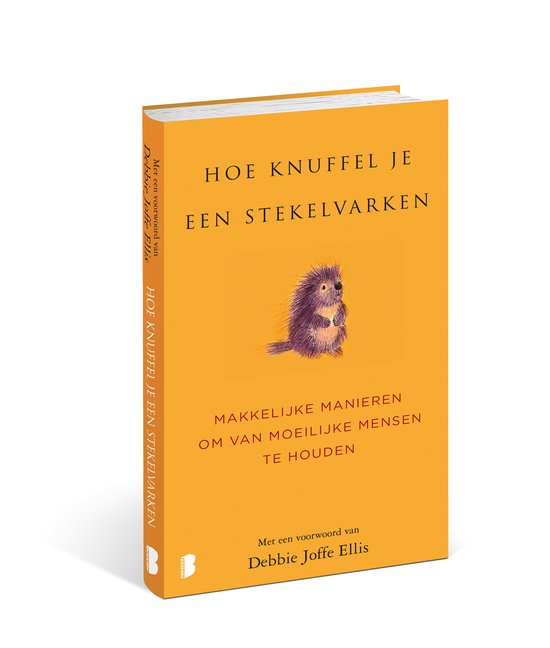 Een boek met een oranje kaft. De titel is 'Hoe knuffel je een stekelvarken?'. Een illustratie van een stekelvarken staat centraal.