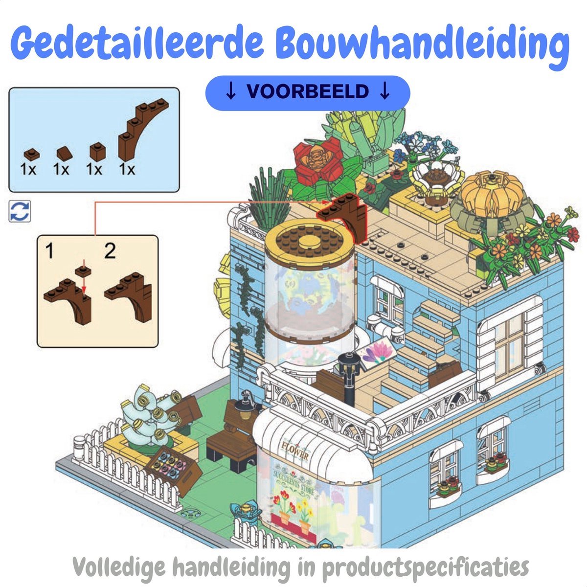 Zhe Gao DZ6120 Classic Bloemen winkel bouwset incl. 4 minifigures | City Achitecture Adventure Modelbouw | Educatief Creator speelgoed bouwpakketten voor kinderen & volwassenen | Niet compatibel met lego friends | Bouwdoos met 2091 bouwstenen — afbeelding 7