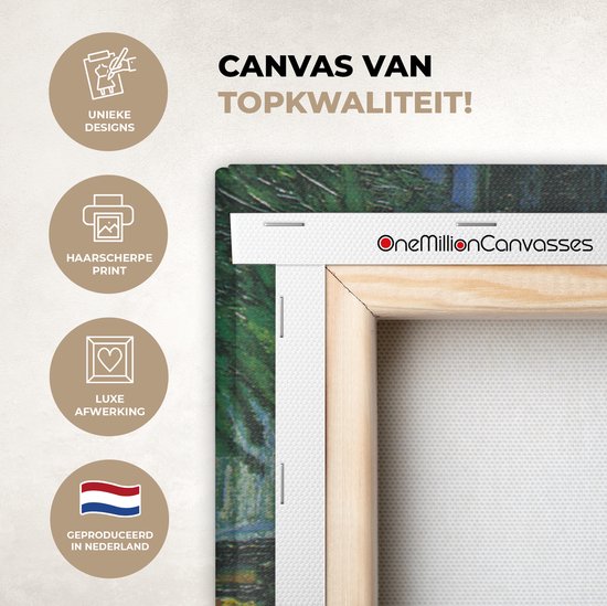 Close-up van de achterkant van een canvas met de tekst 'Canvas van topkwaliteit!' en keurmerken.