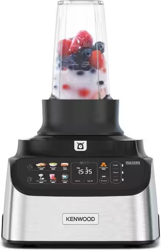 Robot culinaire Kenwood avec gobelet blender rempli de fruits et de yaourt, sur la base.